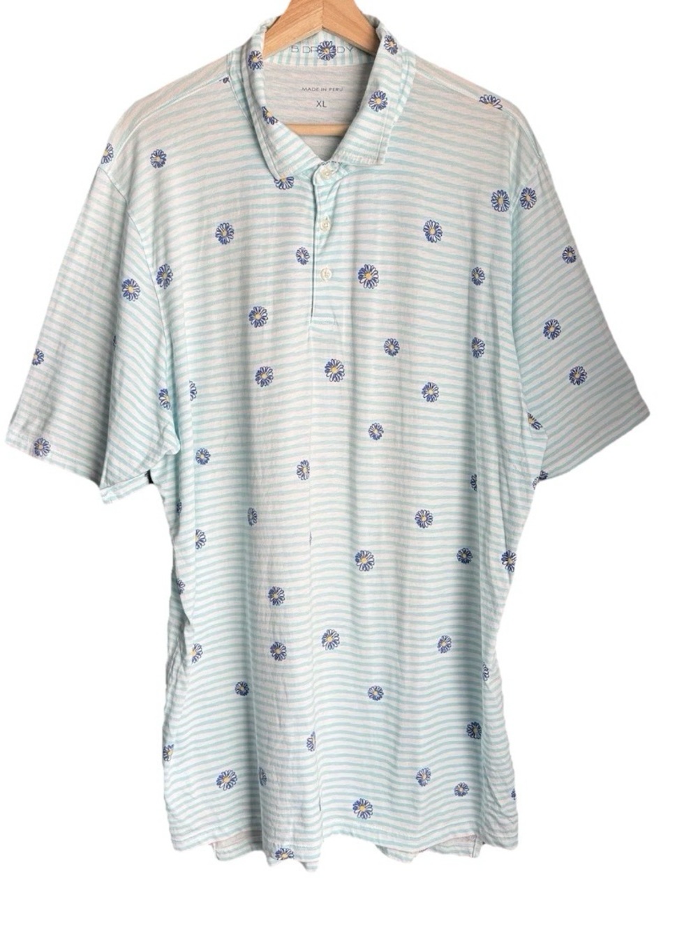 B. Draddy Men's XL Polo Blue White Striped Daisy Pima Cotton Short Sleeve Golf